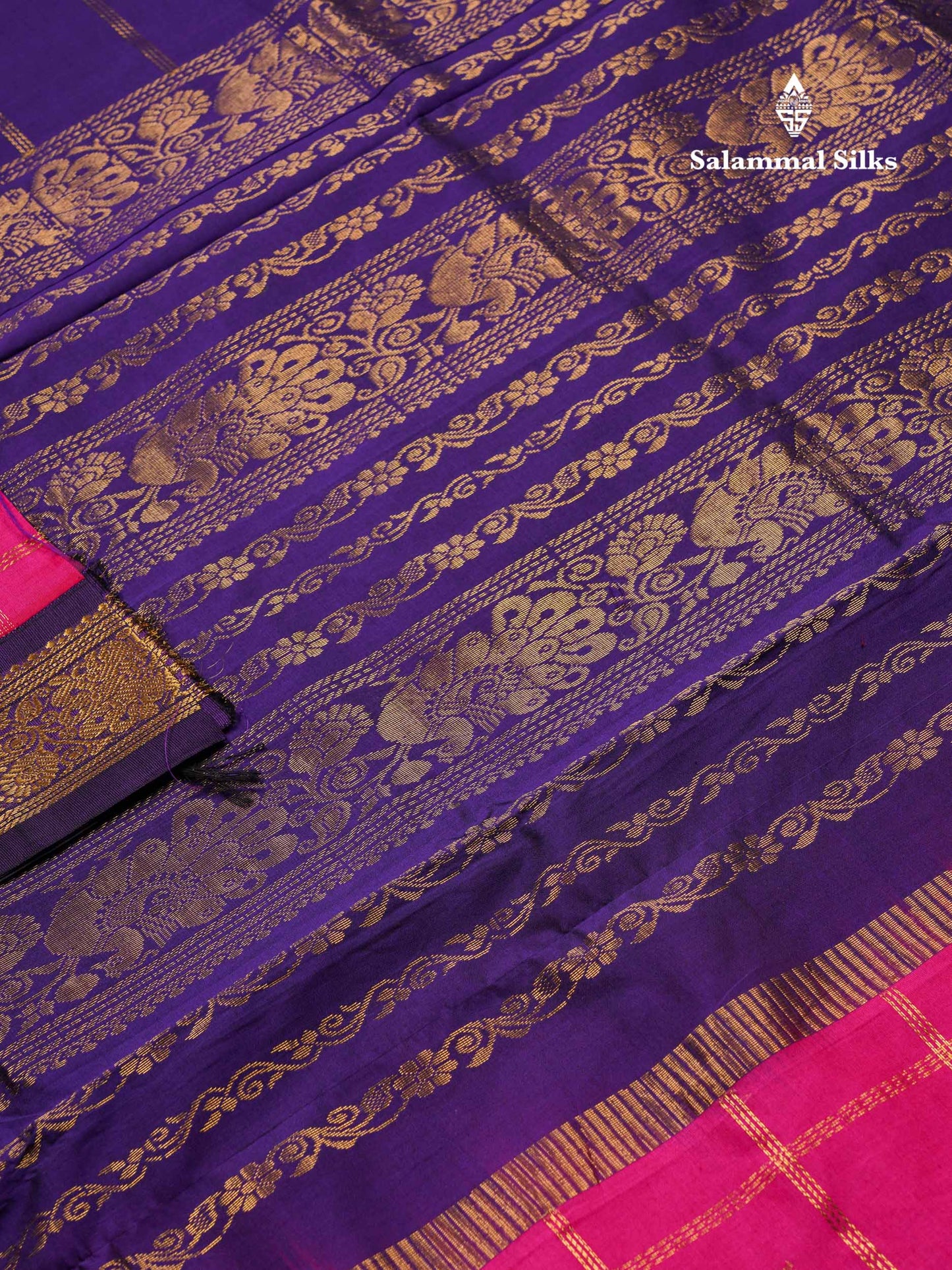 Magenta Pink  Beautiful Kattam Butta Semi Silk Cotton Saree With Violet Traditional Korvai Border