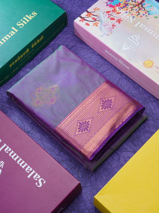 Dual Tone Violet Semi Silk Saree With Contrast Navy Blue Blouse