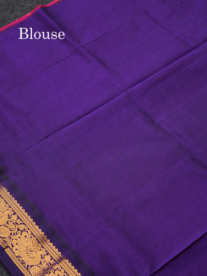 Magenta Pink  Beautiful Kattam Butta Semi Silk Cotton Saree With Violet Traditional Korvai Border