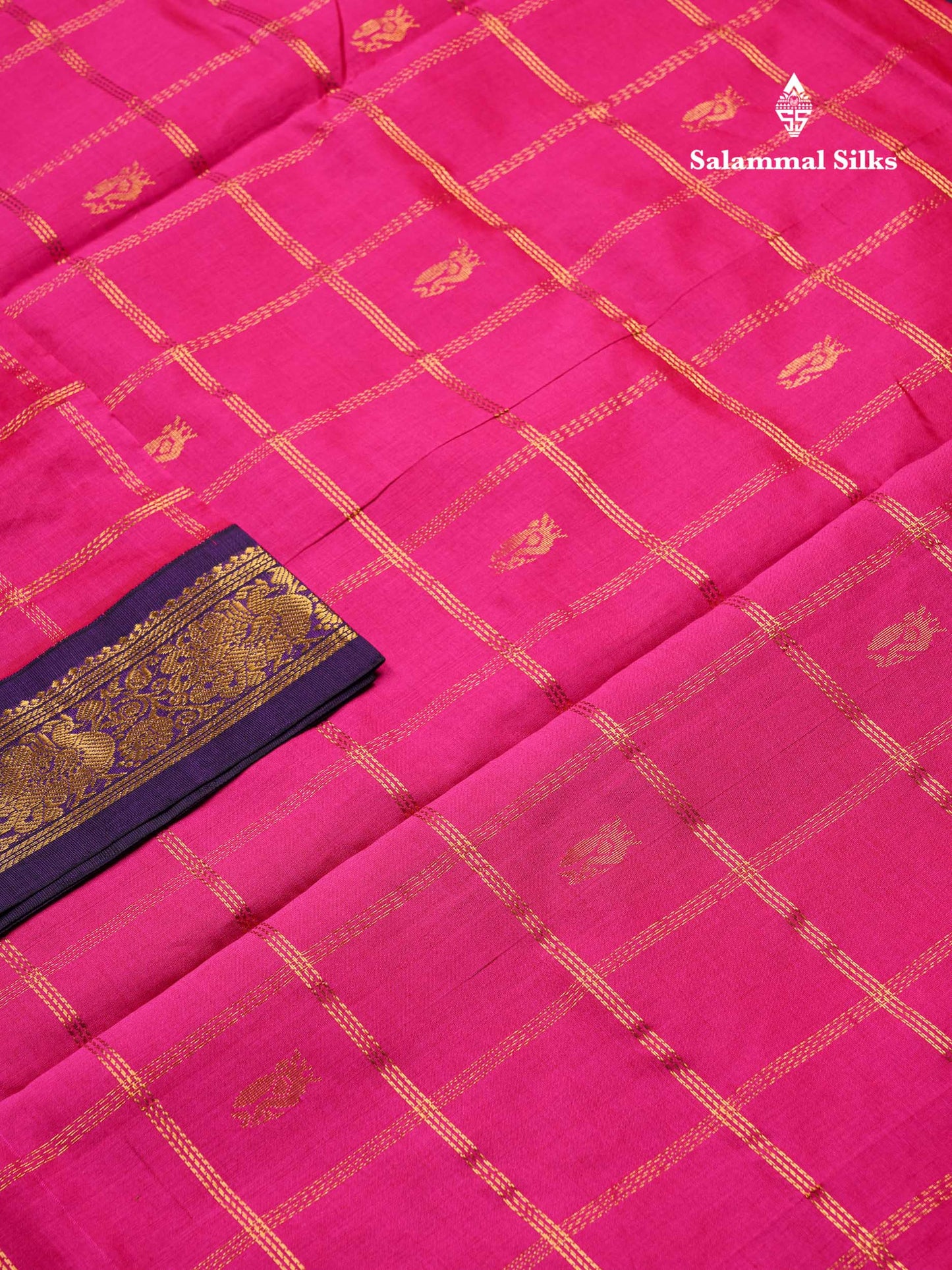 Magenta Pink  Beautiful Kattam Butta Semi Silk Cotton Saree With Violet Traditional Korvai Border