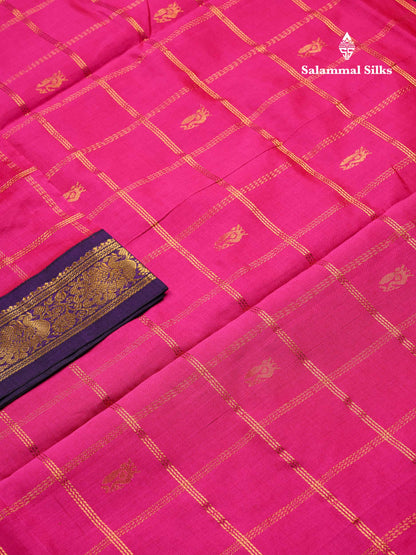 Magenta Pink  Beautiful Kattam Butta Semi Silk Cotton Saree With Violet Traditional Korvai Border