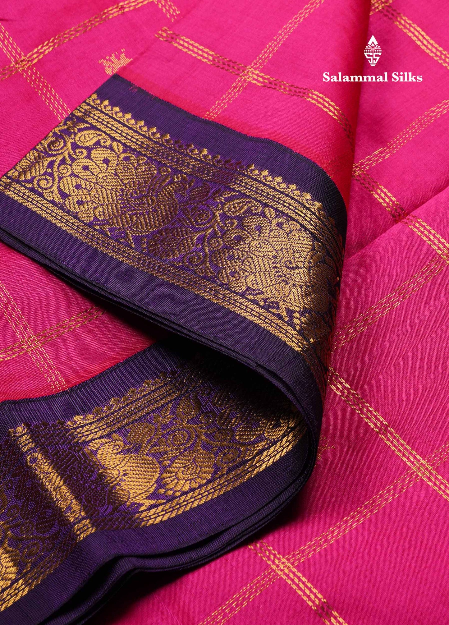 Magenta Pink  Beautiful Kattam Butta Semi Silk Cotton Saree With Violet Traditional Korvai Border