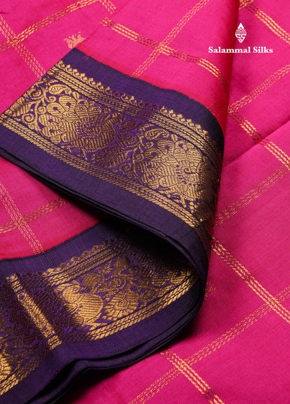 Magenta Pink  Beautiful Kattam Butta Semi Silk Cotton Saree With Violet Traditional Korvai Border