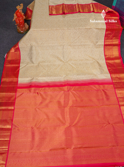 Half White Pure Kanjivaram Silk Saree 2G With Contrast Pink Traditional Border