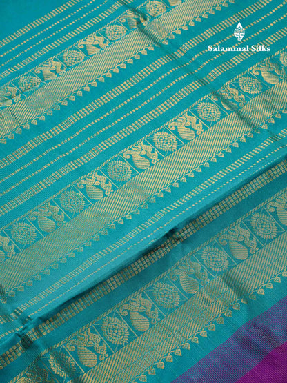 Beautiful Dark Olive Green Vaira Oosi Lines Semi Silk Cotton Saree With Contrast Dual Tone Pink Blouse