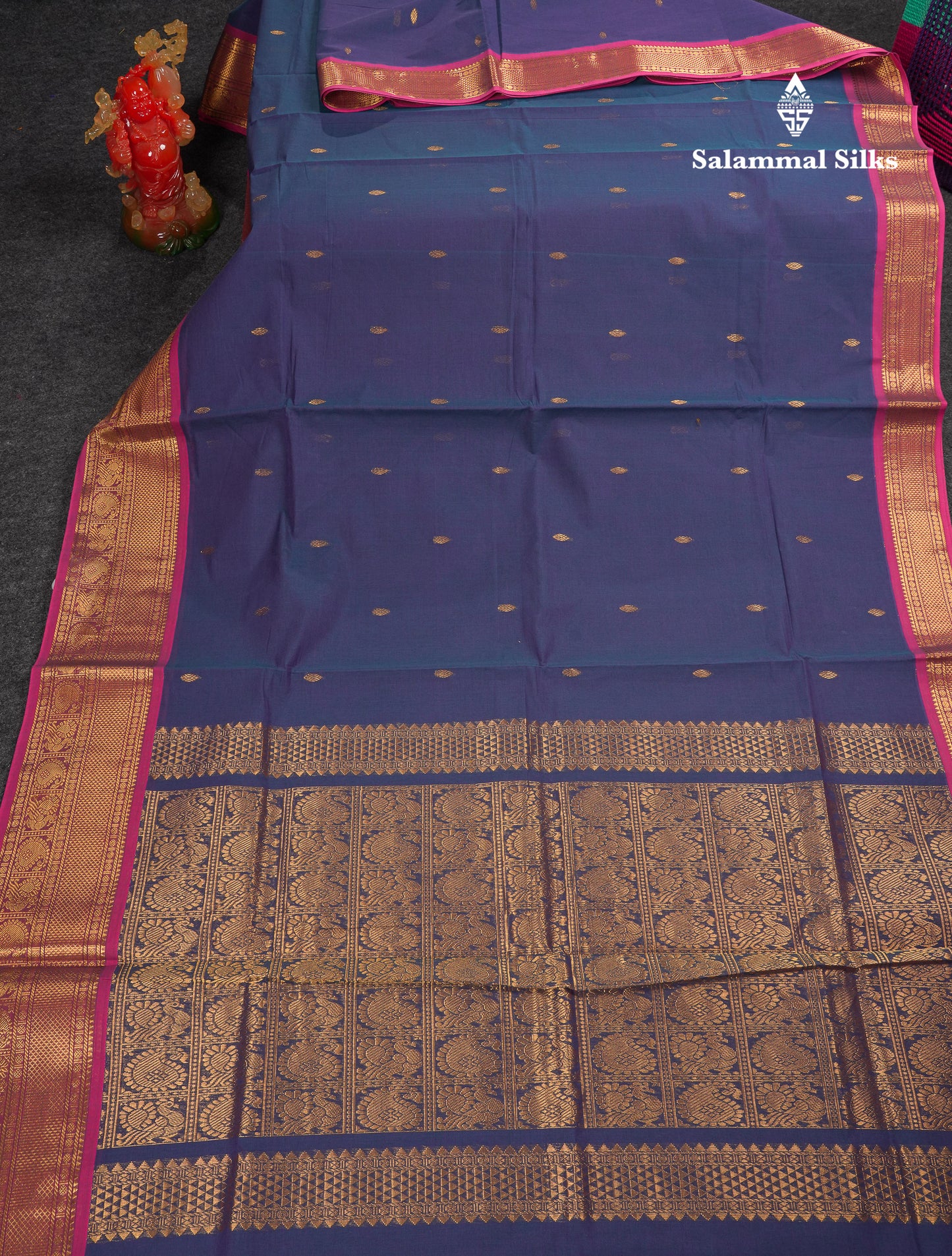 Beautiful Parrot Green Pure Cotton Saree With Contrast Pink Traditional Border