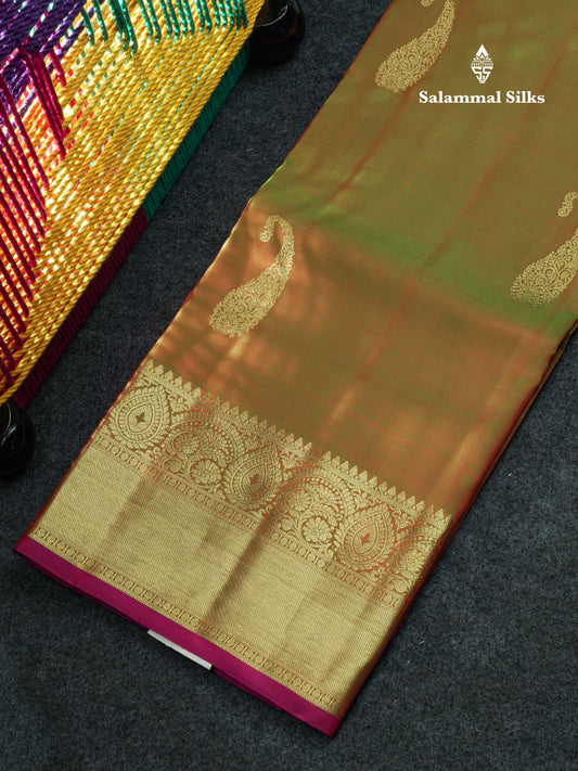 Dual Tone Pure Silk Pattu Pavadai (Brown & Green) With Purple Blouse 44"