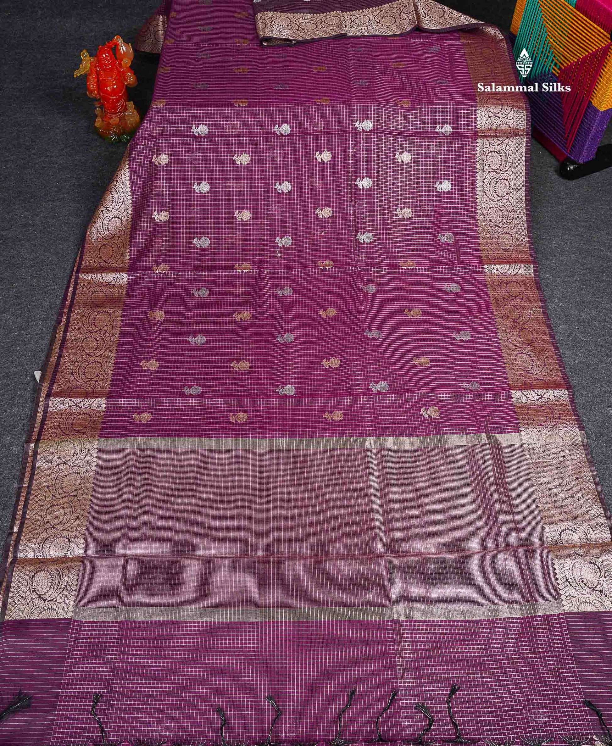 Cotton Mix Saree - Magenta Colour Body Checks Silver & Gold Zari Butta With Fancy Border