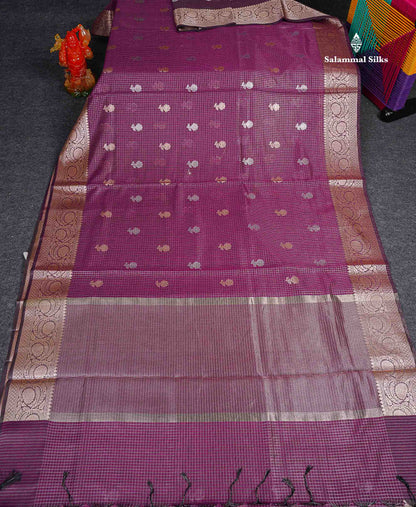 Cotton Mix Saree - Magenta Colour Body Checks Silver & Gold Zari Butta With Fancy Border
