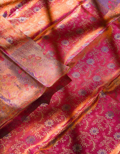 Beautiful Pink Tissue Bridal Pure Kanjivaram Silk Saree With Contrast Violet Fancy Border