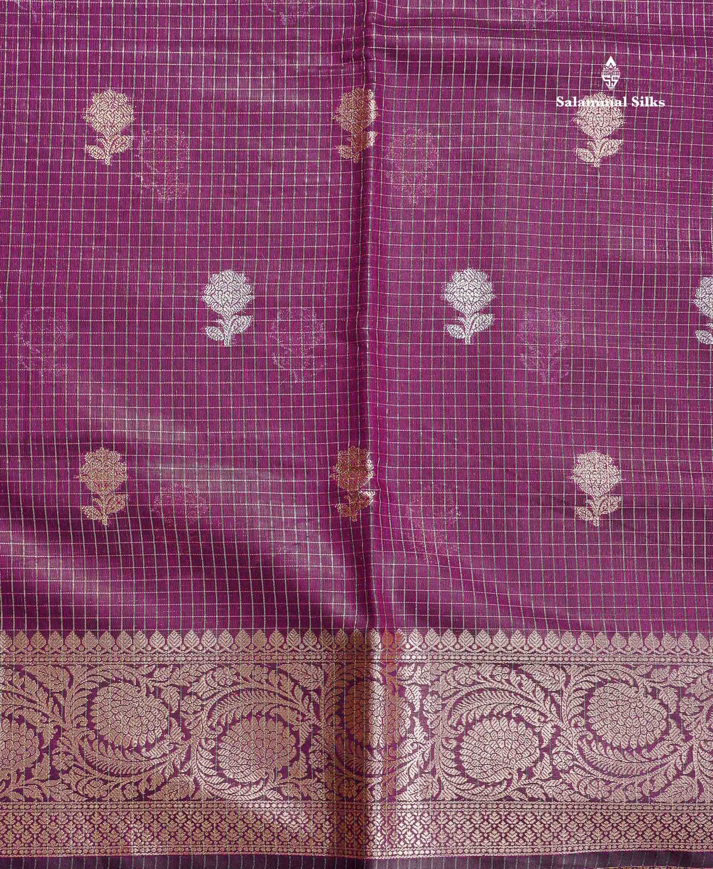 Cotton Mix Saree - Bottle Green Colour Body Checks Silver & Gold Zari Butta With Fancy Border