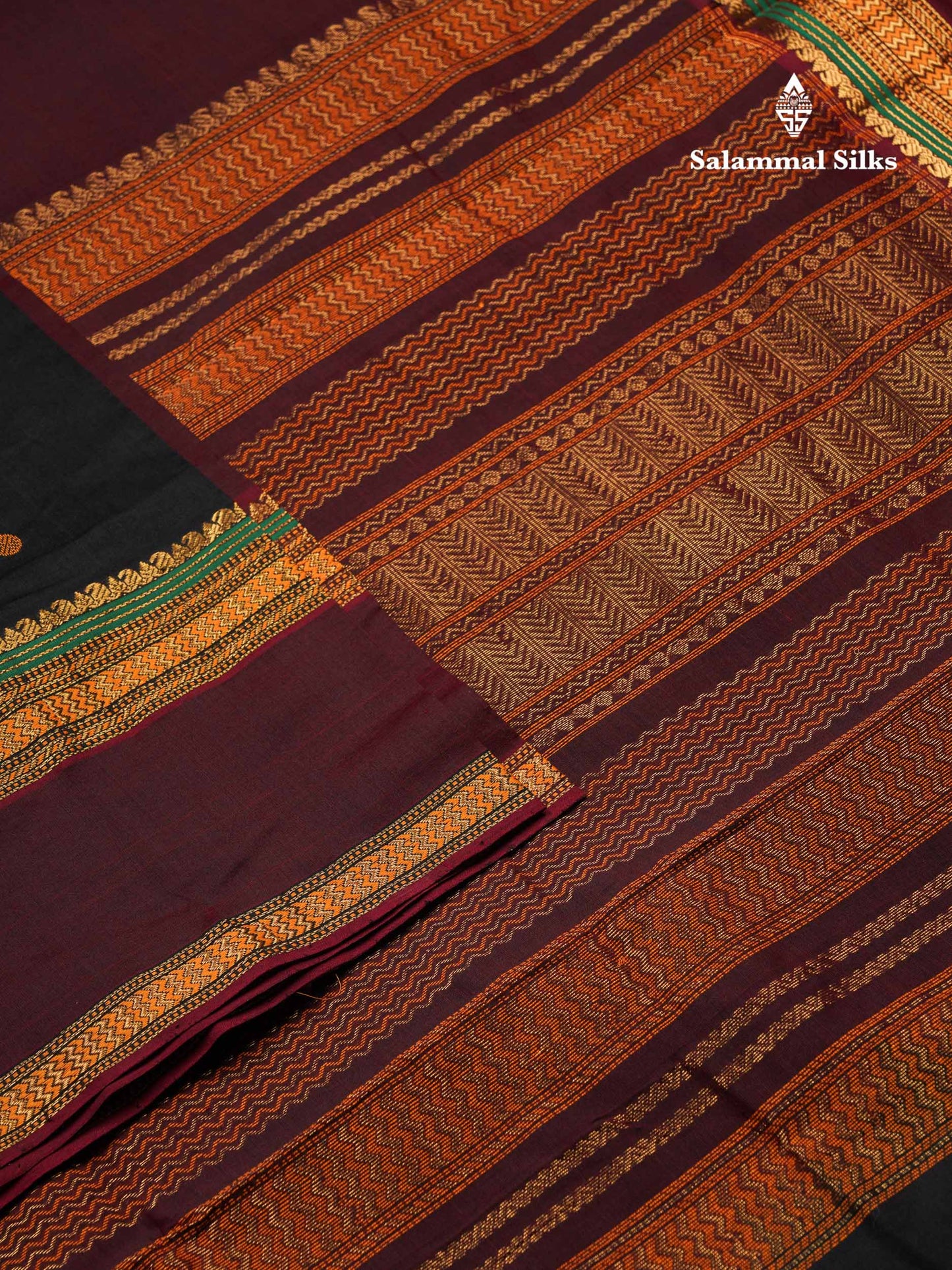 Beautiful Black Thread Work Butta Semi Silk Cotton Saree With Contrast Dark Maroon Traditional Gap Border