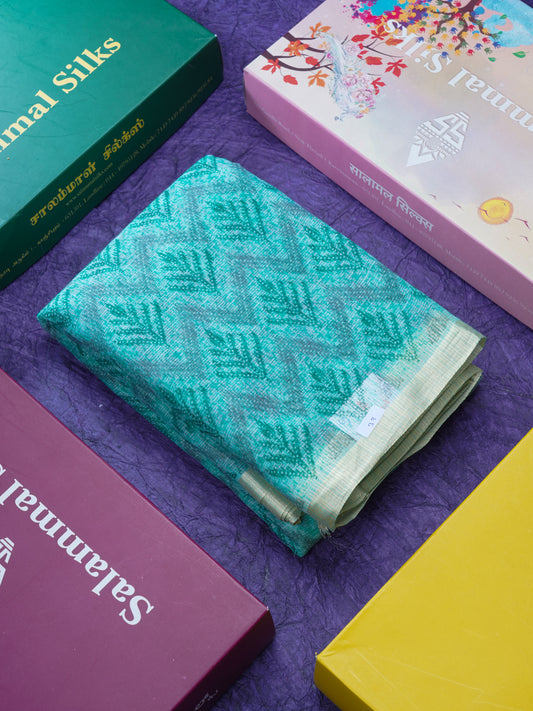 Sapphire Green Kota Cotton Saree With Small Ribbon Border
