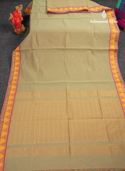 Beautiful Light Elaichi Green Pure Cotton Saree With Traditional Temple Border