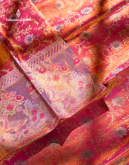 Beautiful Pink Tissue Bridal Pure Kanjivaram Silk Saree With Contrast Violet Fancy Border