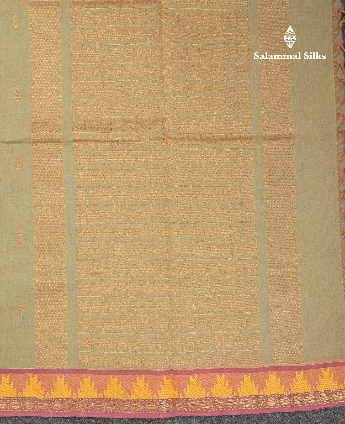 Beautiful Light Elaichi Green Pure Cotton Saree With Traditional Temple Border
