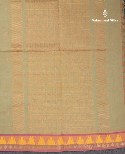Beautiful Light Elaichi Green Pure Cotton Saree With Traditional Temple Border