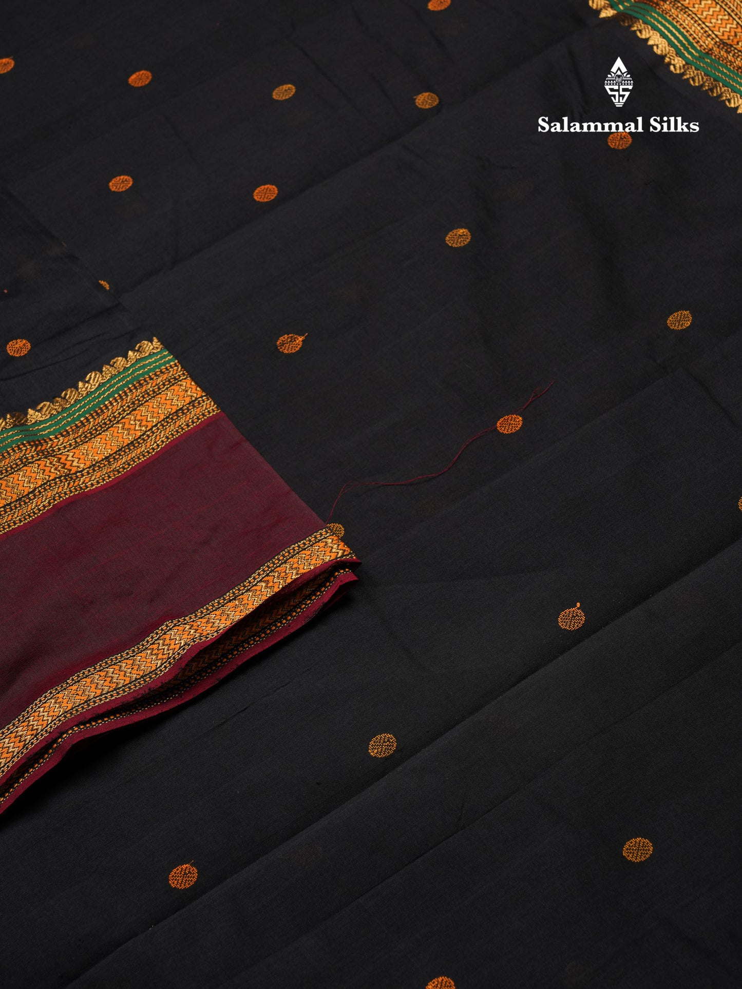 Beautiful Black Thread Work Butta Semi Silk Cotton Saree With Contrast Dark Maroon Traditional Gap Border