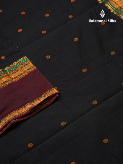 Beautiful Black Thread Work Butta Semi Silk Cotton Saree With Contrast Dark Maroon Traditional Gap Border