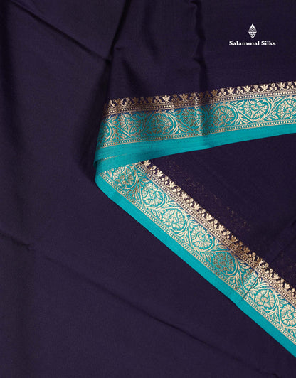 Semi Mysore Silk Saree - Pinkish Peach  Colour Body Plain With Contrast Navy Blue Small Border