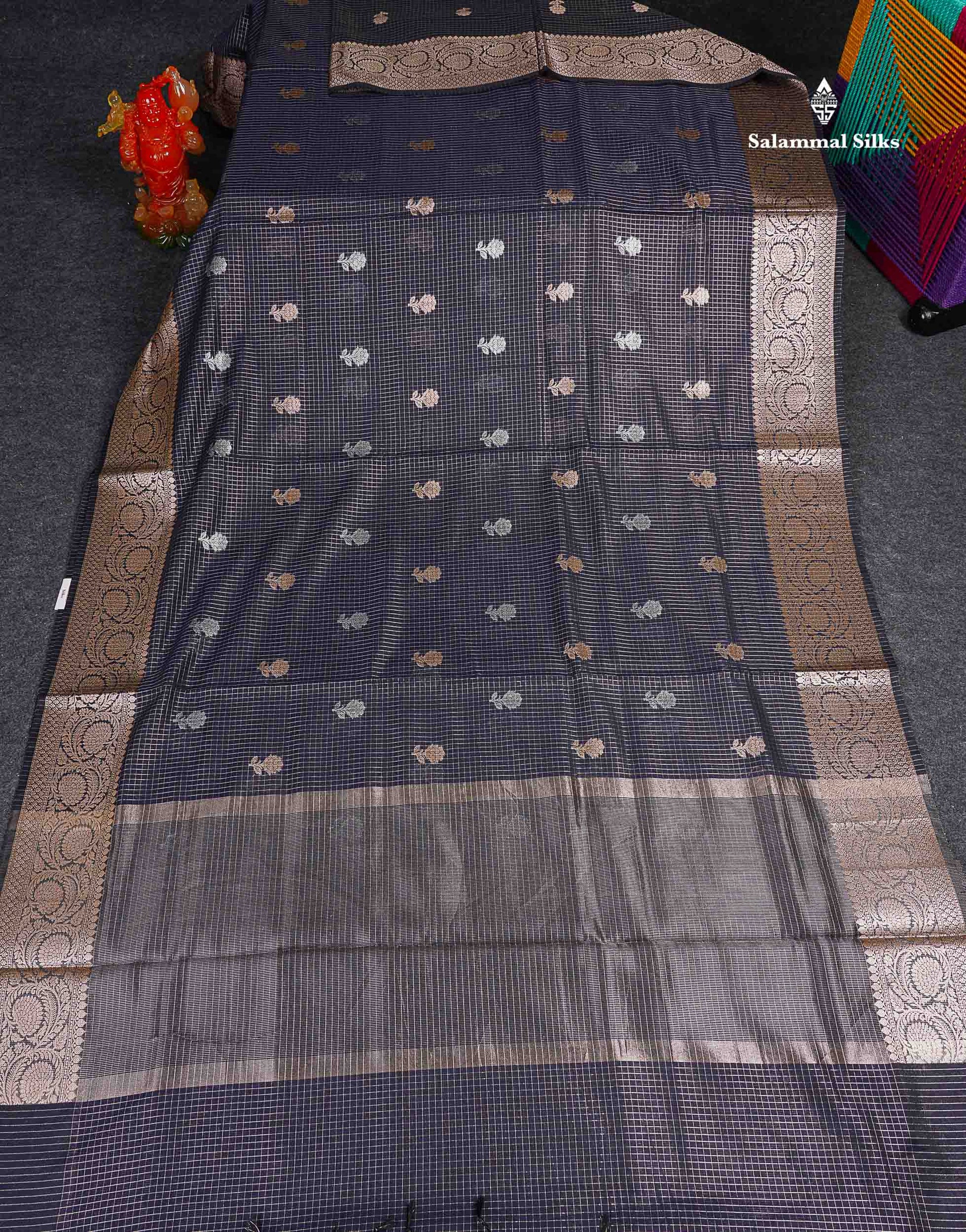 Cotton Mix Saree - Navy Blue Colour Body Checks Silver & Gold Zari Butta With Fancy Border