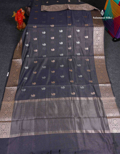 Cotton Mix Saree - Navy Blue Colour Body Checks Silver & Gold Zari Butta With Fancy Border