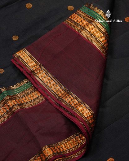 Beautiful Black Thread Work Butta Semi Silk Cotton Saree With Contrast Dark Maroon Traditional Gap Border