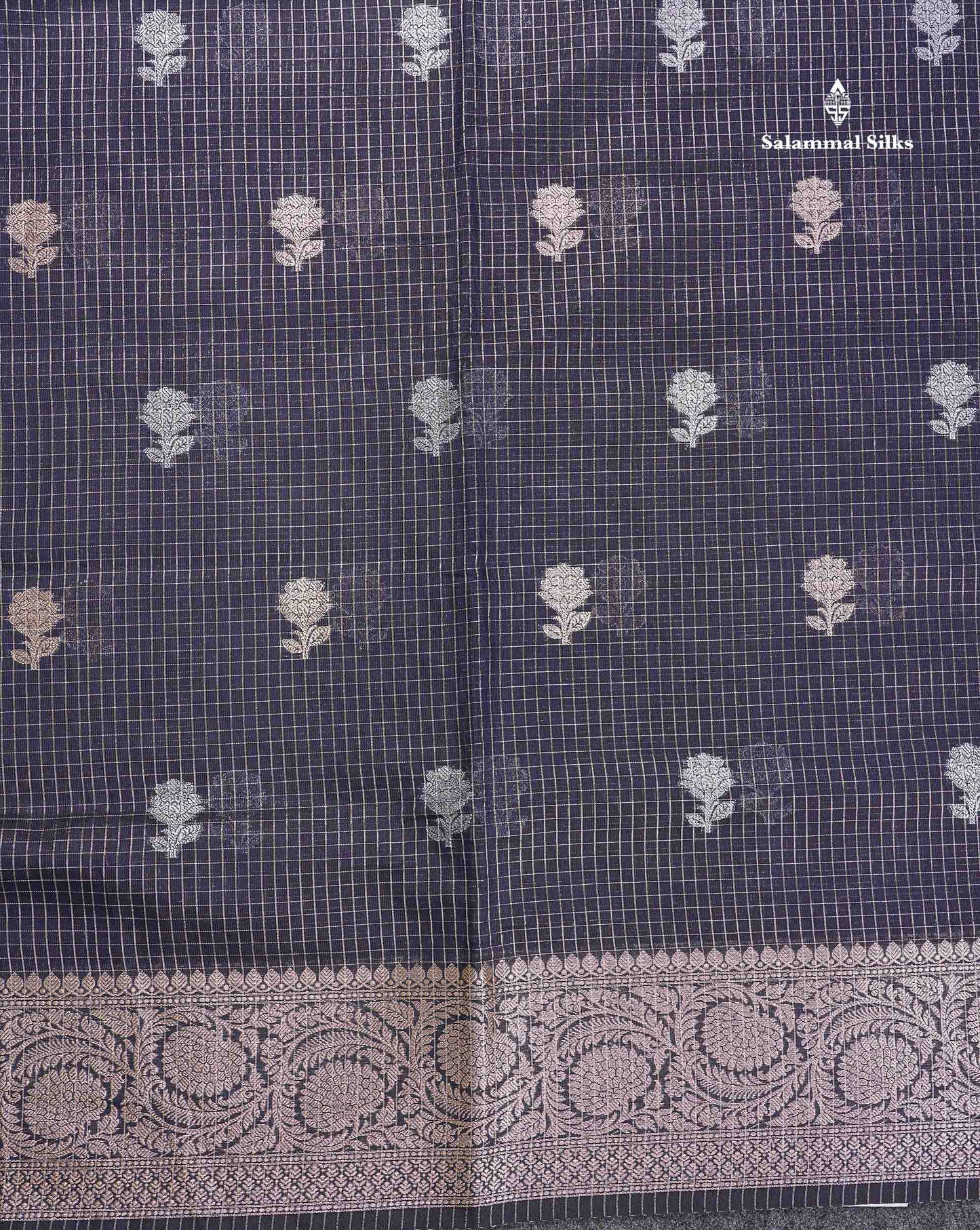 Cotton Mix Saree - Bottle Green Colour Body Checks Silver & Gold Zari Butta With Fancy Border