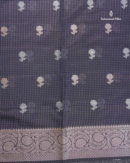 Cotton Mix Saree - Bottle Green Colour Body Checks Silver & Gold Zari Butta With Fancy Border