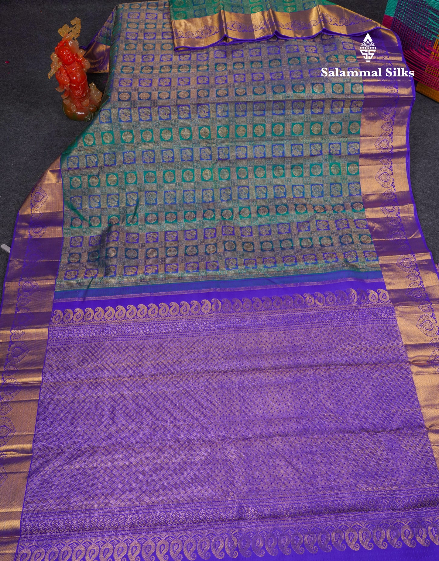 Beautiful Dual Tone Peacock Green Checks With Traditional Butta Bridal Pure Kanjivaram Silk Saree With Contrast Violet Border