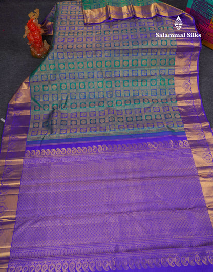 Beautiful Dual Tone Peacock Green Checks With Traditional Butta Bridal Pure Kanjivaram Silk Saree With Contrast Violet Border