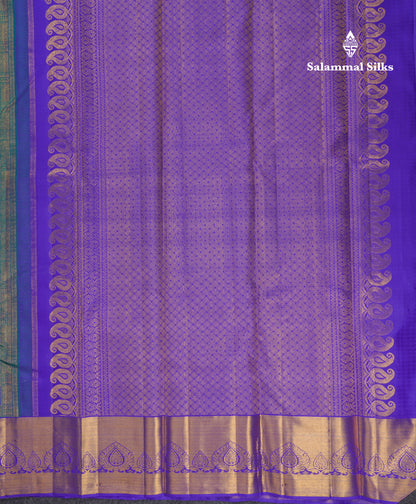 Beautiful Dual Tone Peacock Green Checks With Traditional Butta Bridal Pure Kanjivaram Silk Saree With Contrast Violet Border