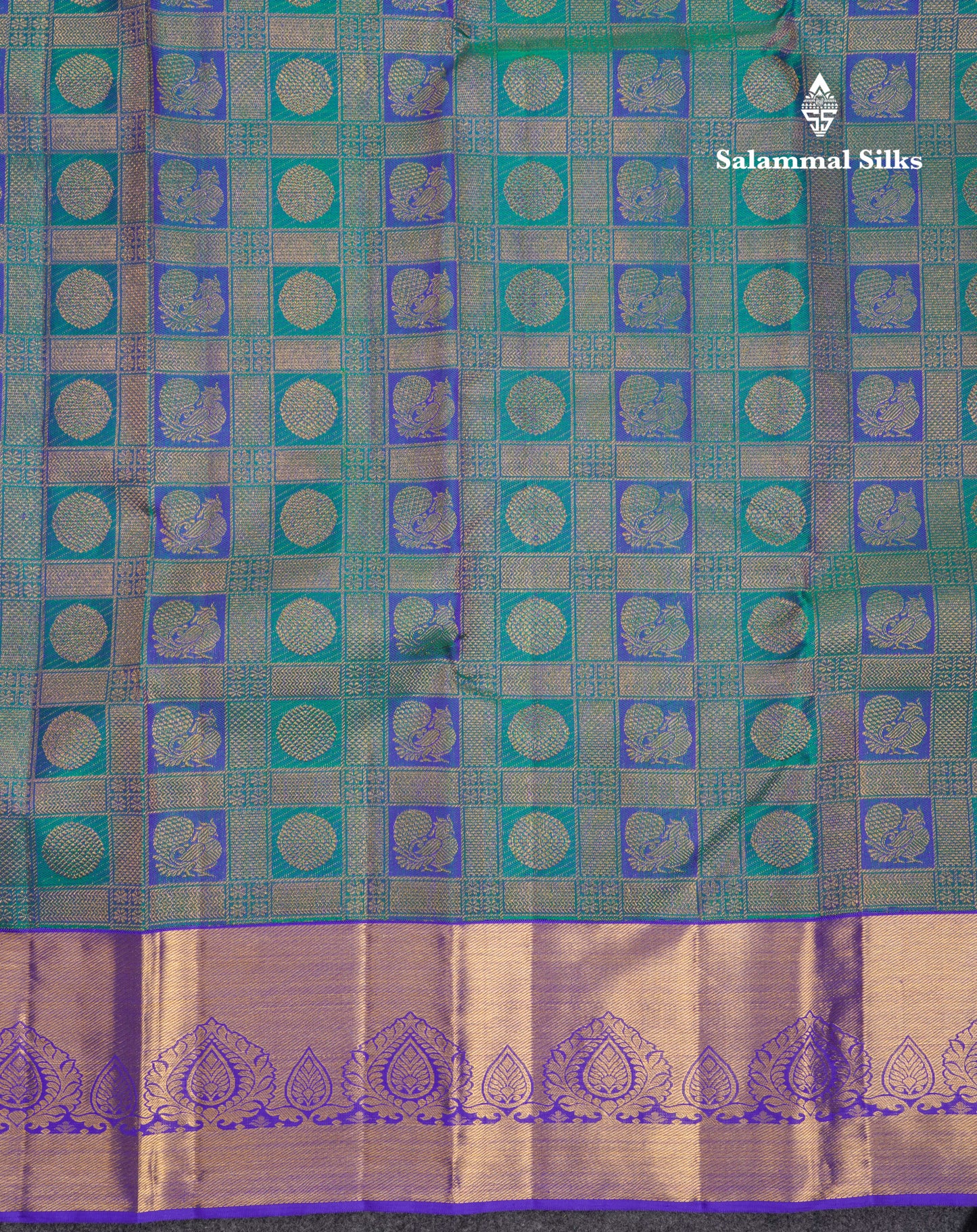Beautiful Dual Tone Peacock Green Checks With Traditional Butta Bridal Pure Kanjivaram Silk Saree With Contrast Violet Border