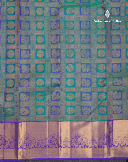 Beautiful Dual Tone Peacock Green Checks With Traditional Butta Bridal Pure Kanjivaram Silk Saree With Contrast Violet Border
