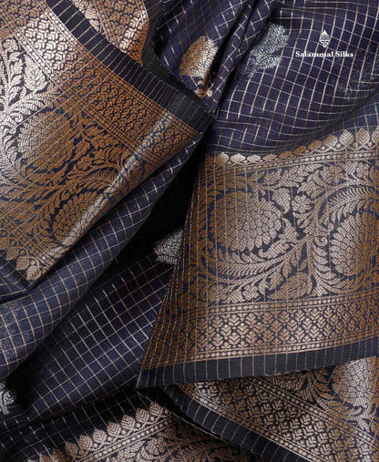 Cotton Mix Saree - Bottle Green Colour Body Checks Silver & Gold Zari Butta With Fancy Border