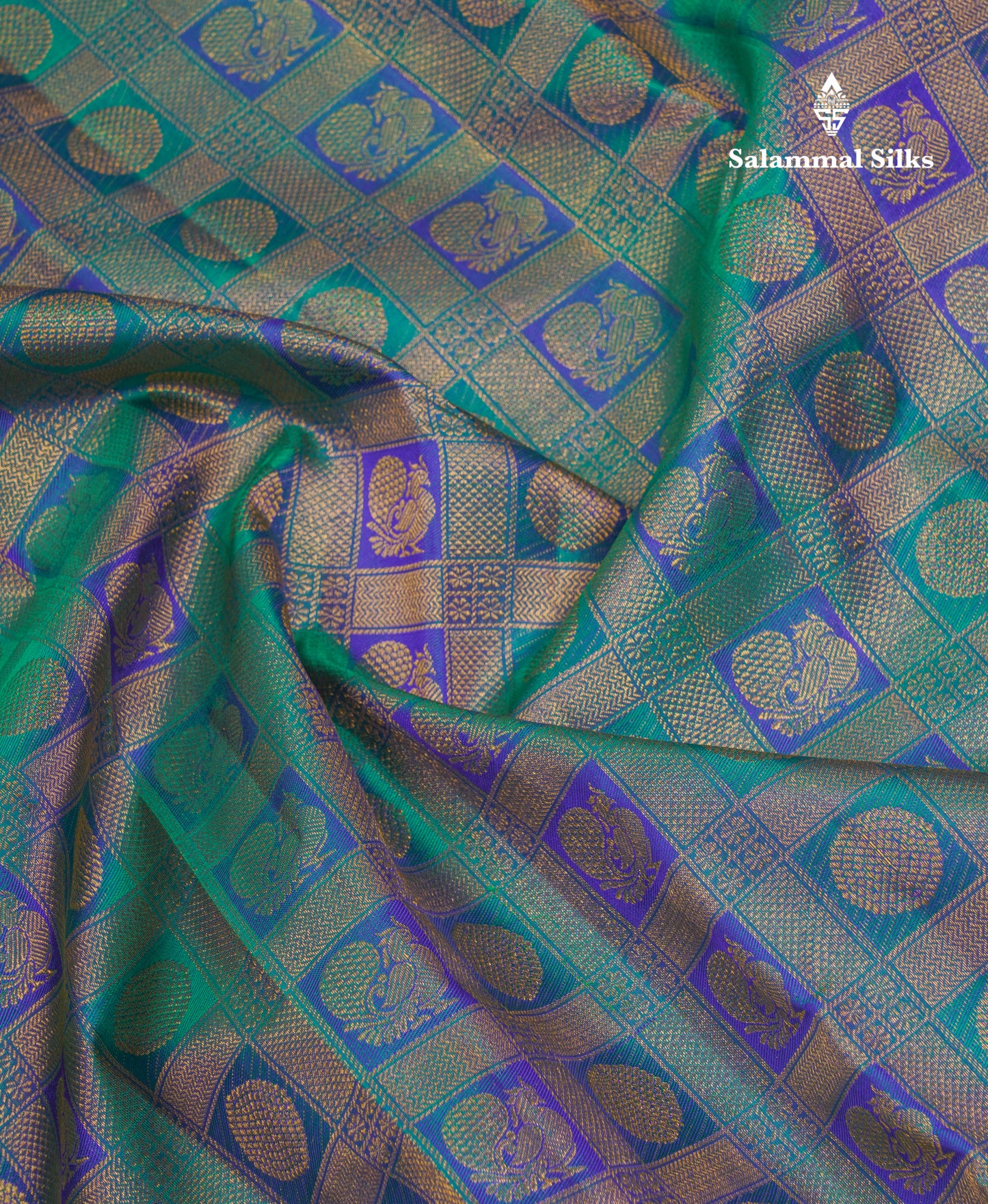 Beautiful Dual Tone Peacock Green Checks With Traditional Butta Bridal Pure Kanjivaram Silk Saree With Contrast Violet Border