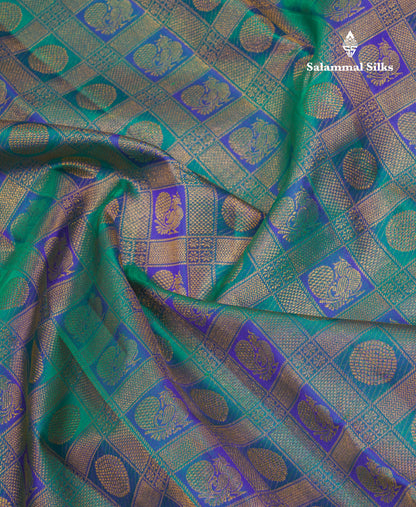 Beautiful Dual Tone Peacock Green Checks With Traditional Butta Bridal Pure Kanjivaram Silk Saree With Contrast Violet Border