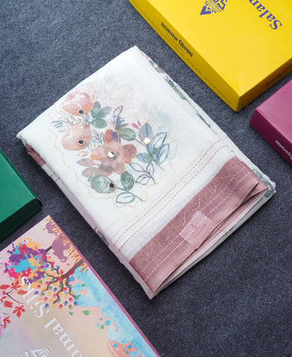 Beautiful White Mirror Work Linen Mix Saree With Contrast Brown Embroidery Zari Border