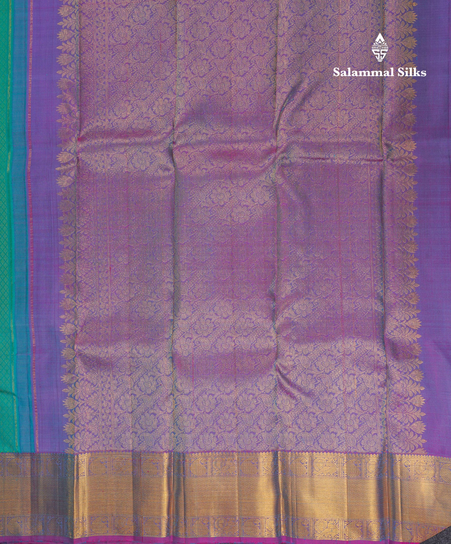 Beautiful Sapphire Green Pure Kanjivaram Silk Jacquard Saree With Contrast Purple Traditional Border