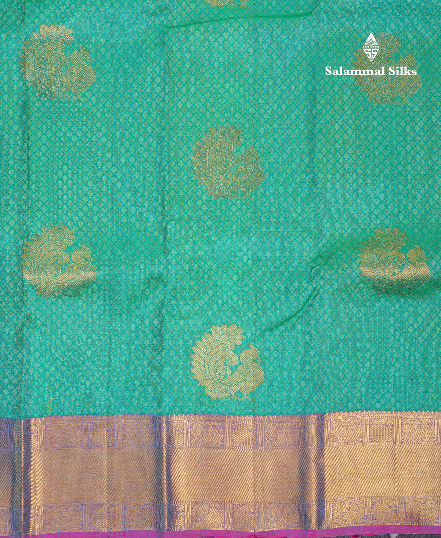 Beautiful Sapphire Green Pure Kanjivaram Silk Jacquard Saree With Contrast Purple Traditional Border