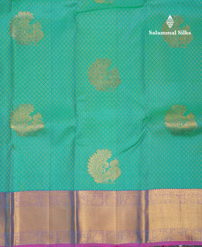 Beautiful Sapphire Green Pure Kanjivaram Silk Jacquard Saree With Contrast Purple Traditional Border