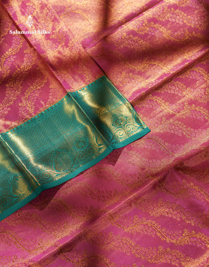 Pink Color Kanjivaram Pure Silk Saree with Saphire Green Border and Blouse