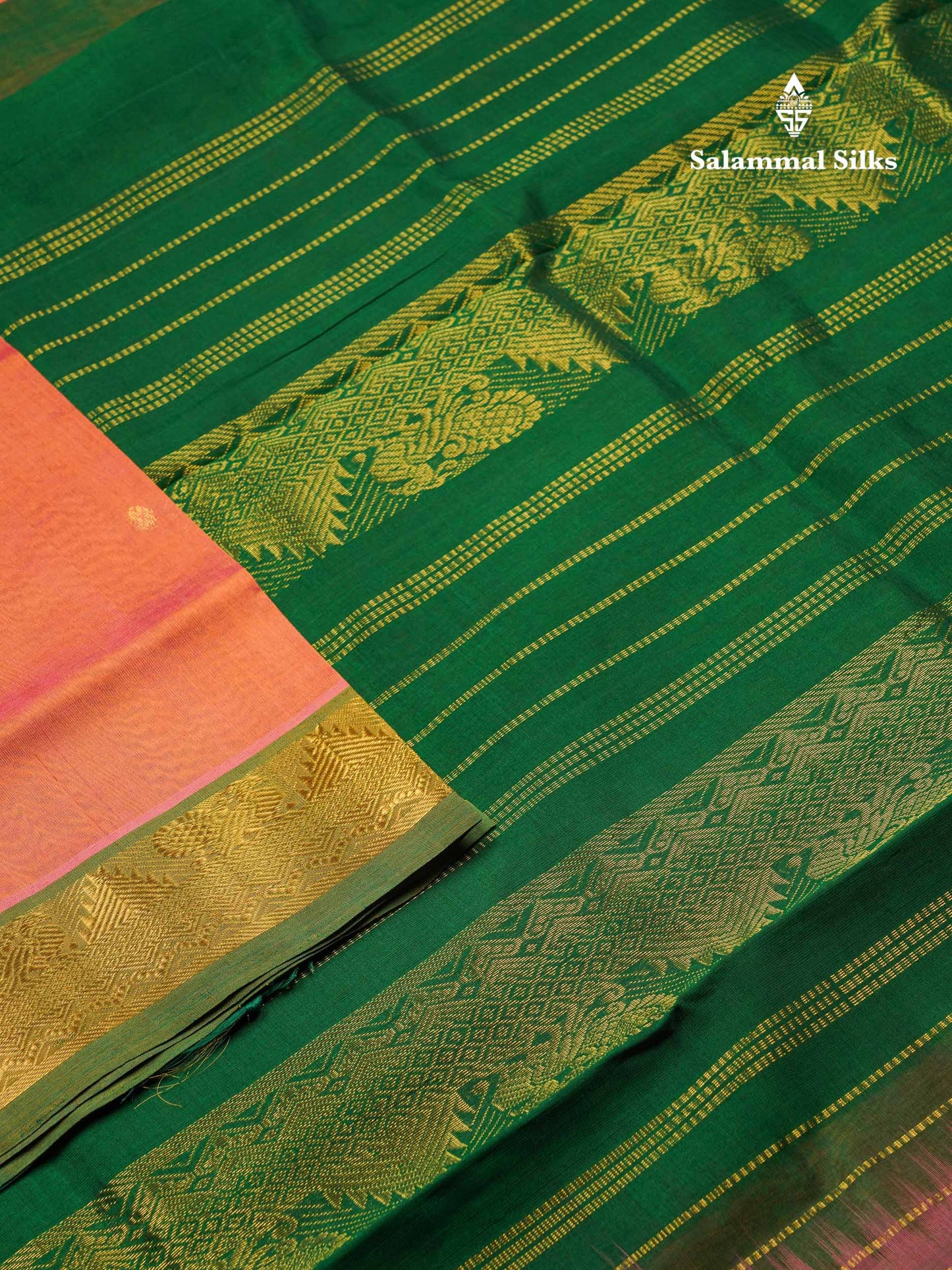 Beautiful Peach Handloom Pure Silk Cotton Saree With Green Traditional Border