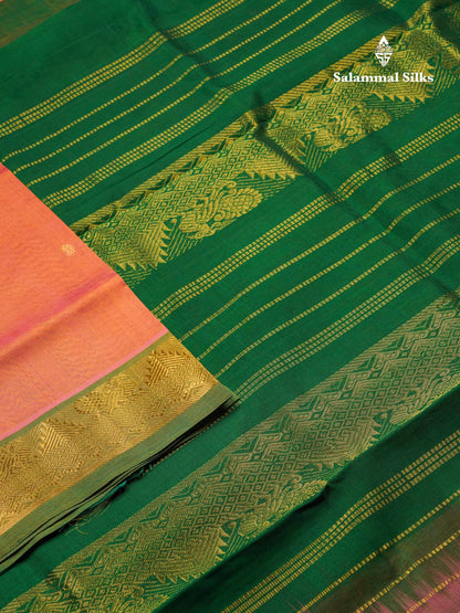 Beautiful Peach Handloom Pure Silk Cotton Saree With Green Traditional Border