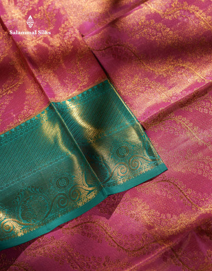 Pink Color Kanjivaram Pure Silk Saree with Saphire Green Border and Blouse