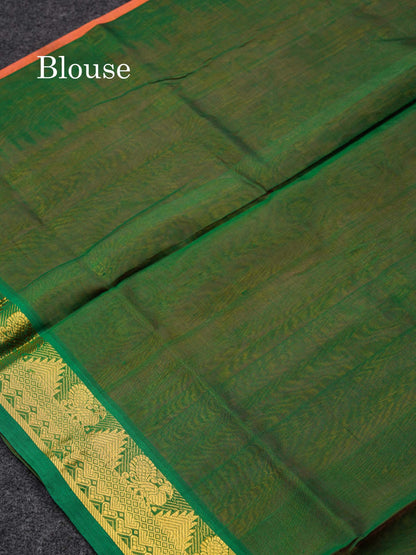 Beautiful Peach Handloom Pure Silk Cotton Saree With Green Traditional Border