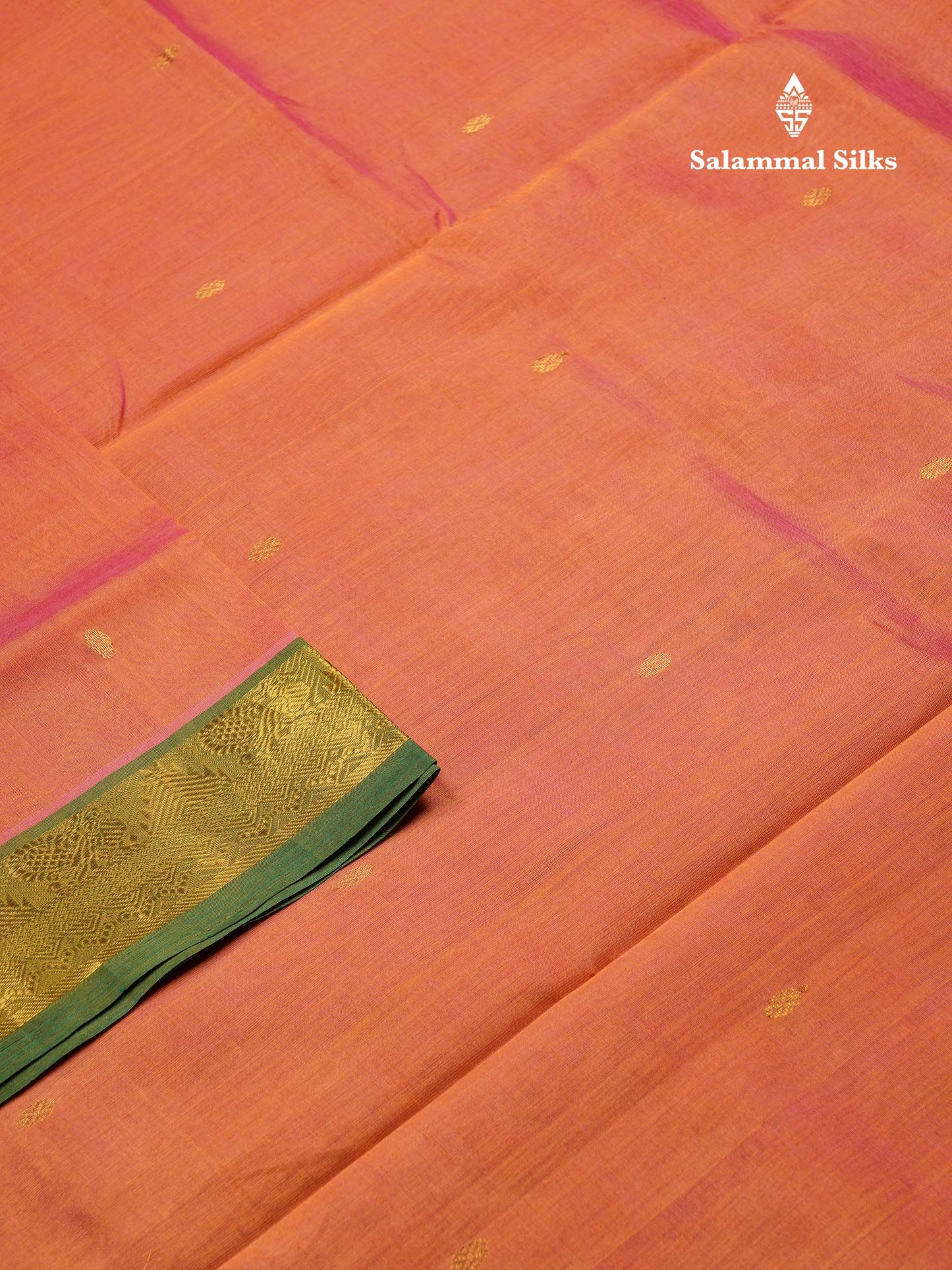 Beautiful Peach Handloom Pure Silk Cotton Saree With Green Traditional Border