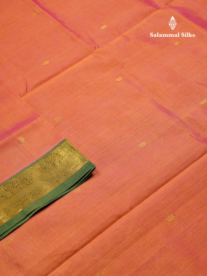 Beautiful Peach Handloom Pure Silk Cotton Saree With Green Traditional Border