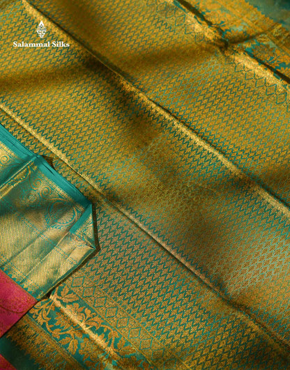 Pink Color Kanjivaram Pure Silk Saree with Saphire Green Border and Blouse