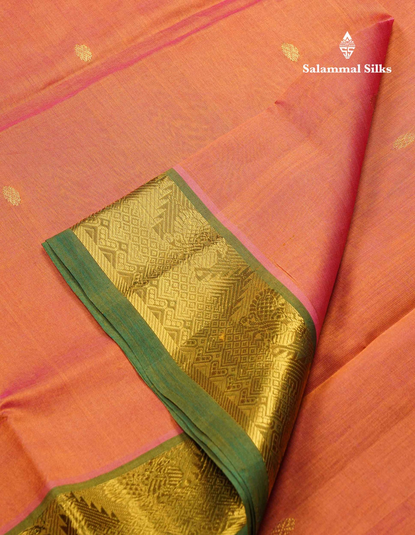 Beautiful Peach Handloom Pure Silk Cotton Saree With Green Traditional Border